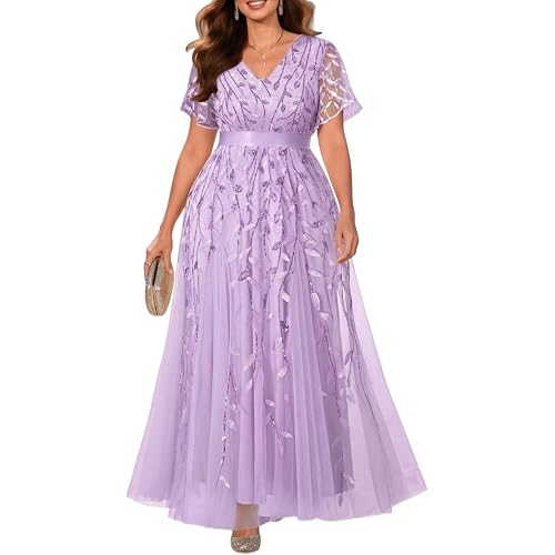Pinup Fashion Plus Size Formal Dresses - Evening Gowns Wedding Sequin Embroidery V-Neck Prom Long Dress