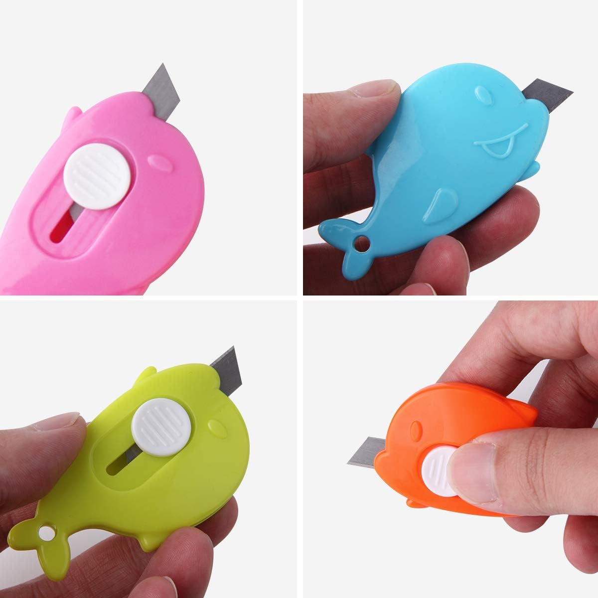 12pcs-Whale shape Mini Retractable Utility Knife Box Cutter Letter Opener, Alloy Steel Splicing Knife with Key Chain Hole（Random Color）