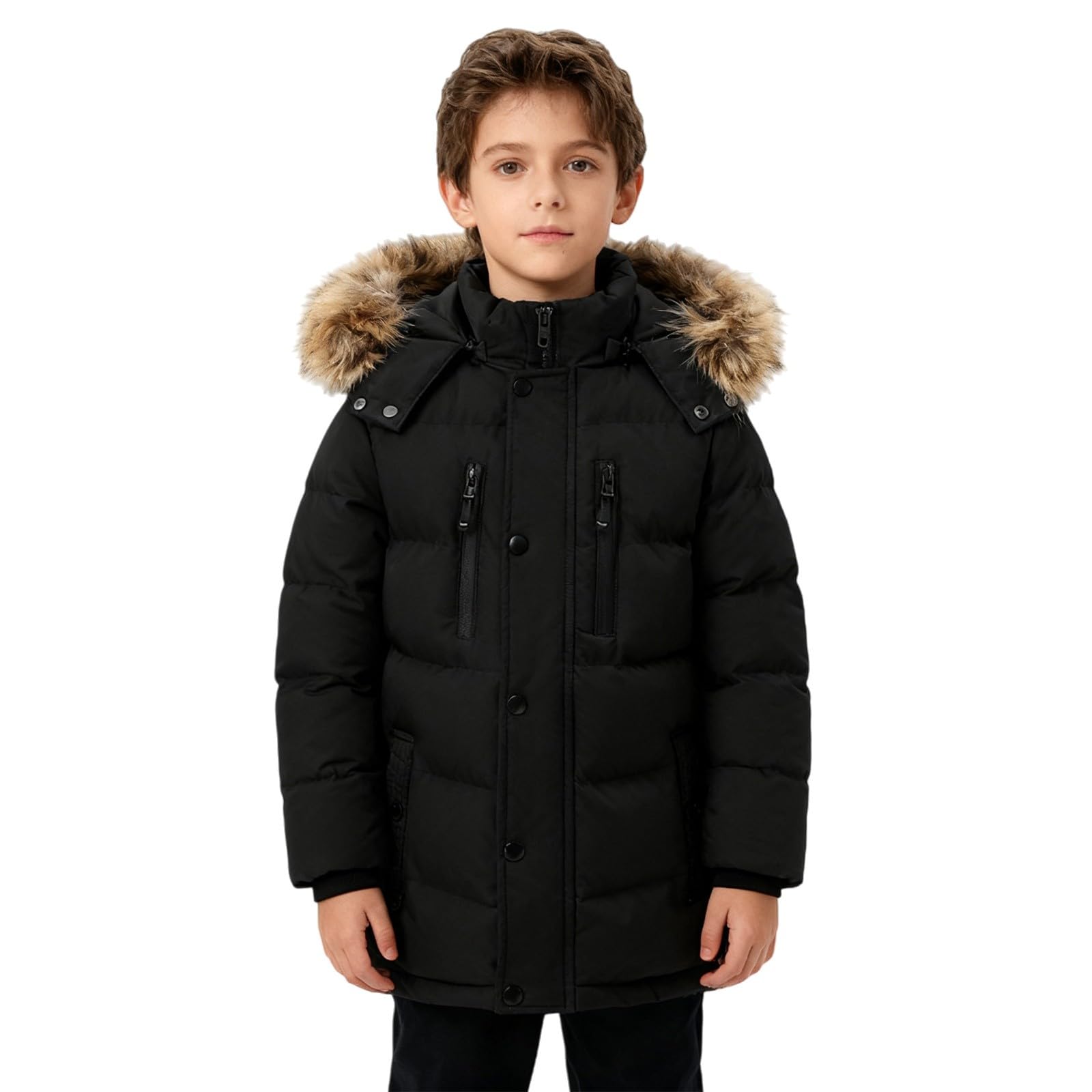 Piumino per bambini con cappuccio in pelliccia e tasche, tinta unita, giacca invernale, impermeabile, comodo, morbido, giacca a vento, giacca con cappuccio, leggera, alla moda, per attività all'aria