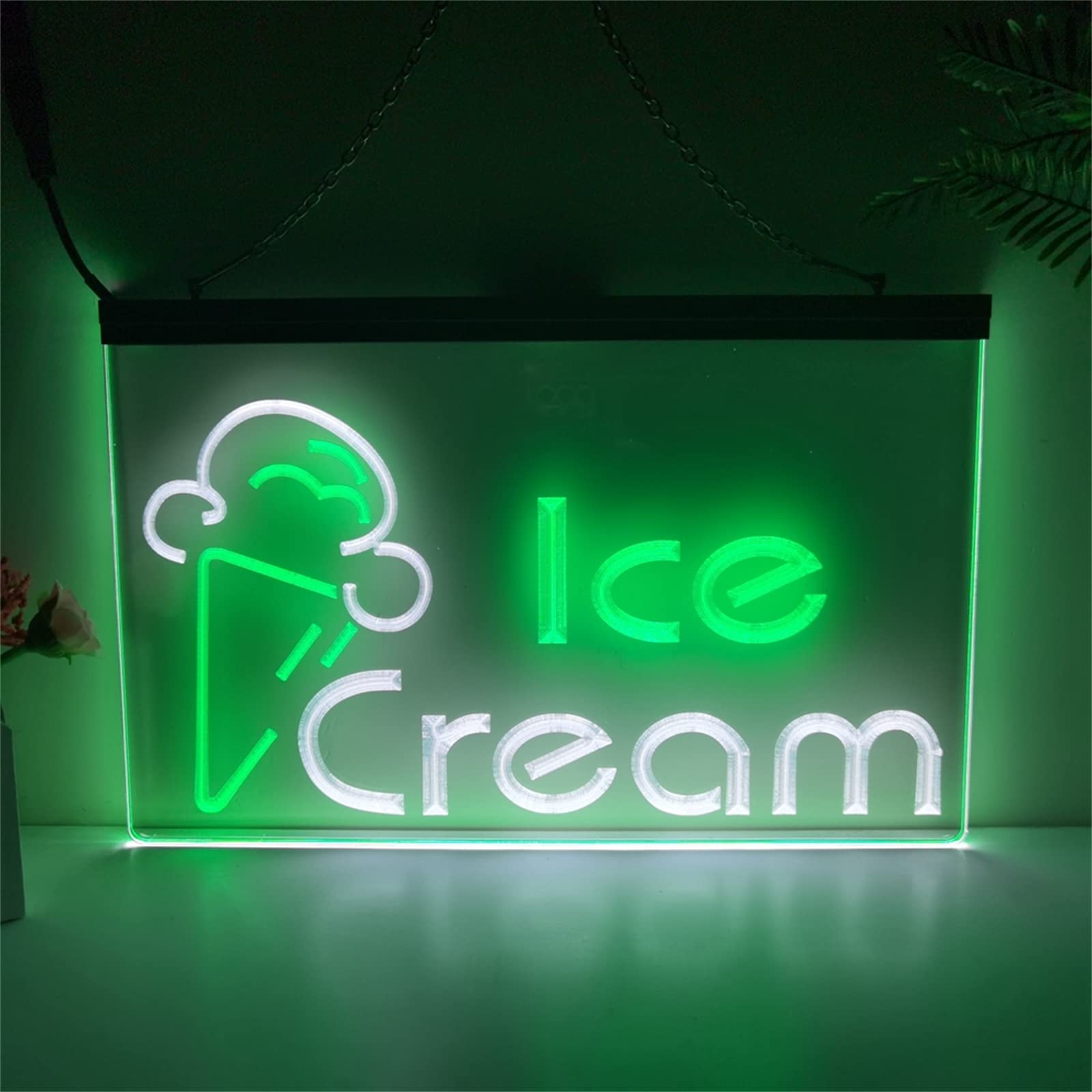 REWIS Ice Cream LED Neon Signs, USB Powerd 3-Level Dimming Neon Lights, for Ice Cream Shop Hanging Signboard,White Green,30x20cm