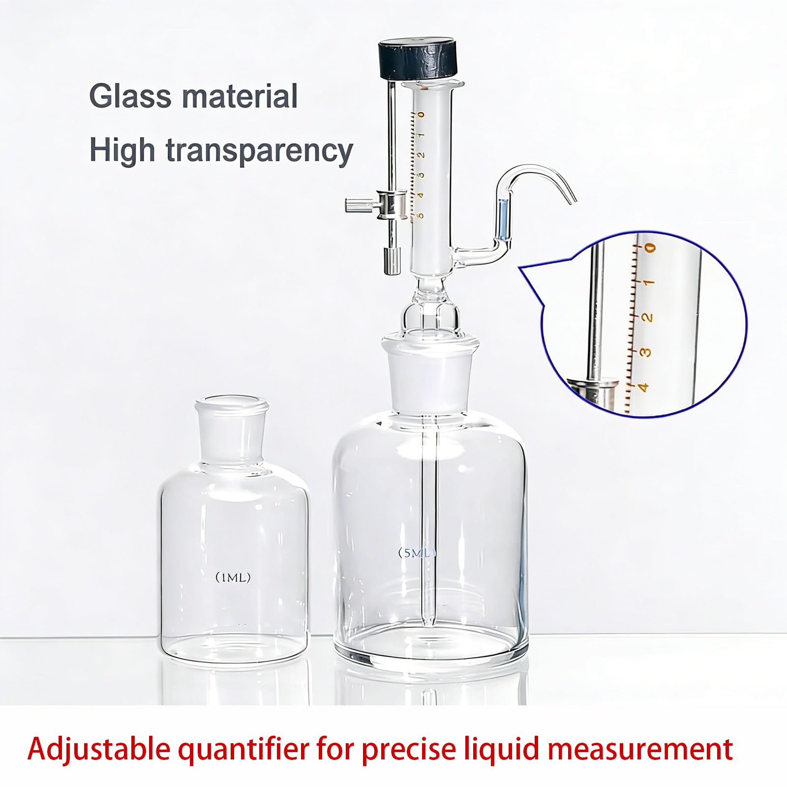 Botella de pipeta de vidrio, dispensador de líquido micro ajustable con perilla de control de acero inoxidable, herramienta de caída de precisión para pruebas y medición de laboratorio