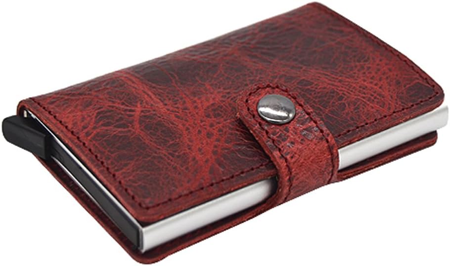 HONBRFID Credit Card Holder, Slim Genuine Leather Wallet for Travel, Pop Up Wallet for Men (Red)