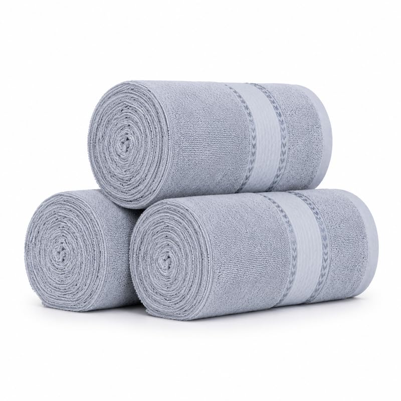 Image of TowelWala Premium Hand Towels - Soft & Absorbent 550 GSM Cotton Towel for Bathroom, Kitchen, Gym, Travel| Pack of 2, 3, 4 & 7 | Quick Drying with Woven Border | TW HT Gry Gry Gry