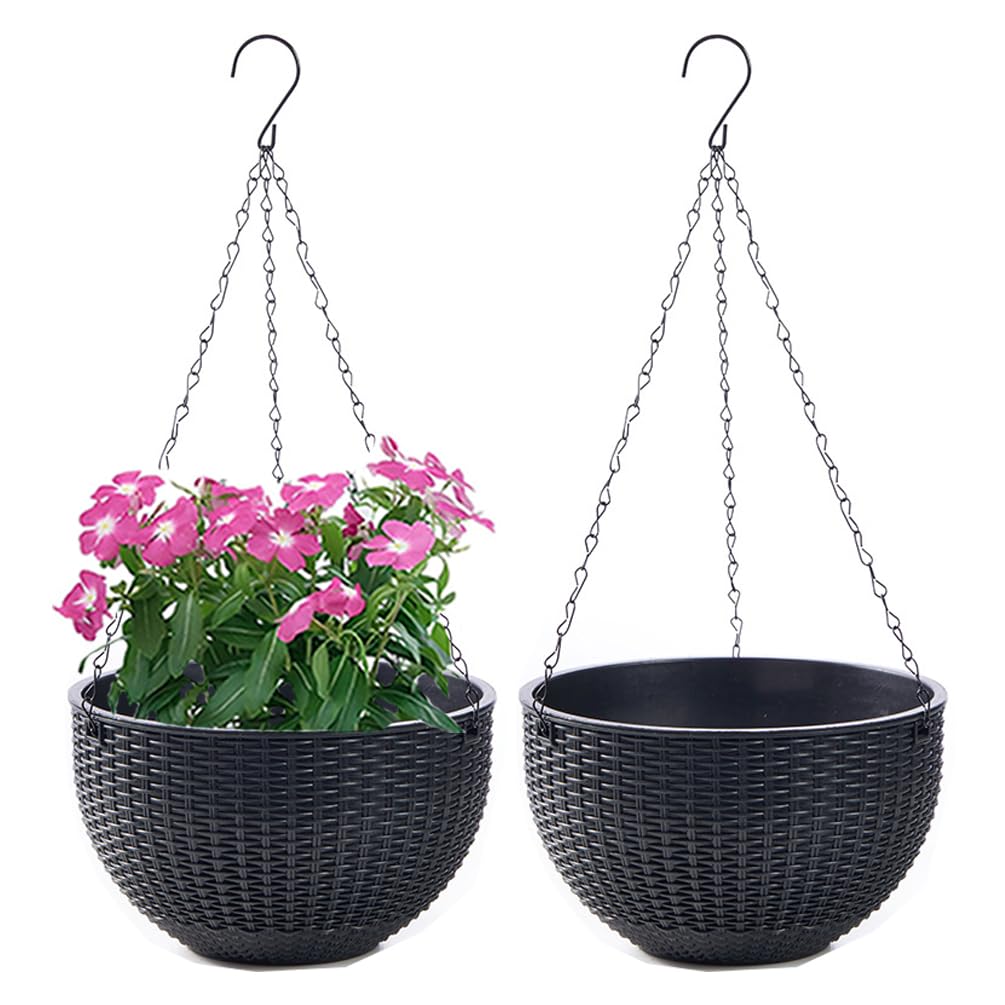 WOWEI 2 Pack Hanging Basket Outdoor Self Watering Hanging Plant Pot with Water Reservoir & Drain Hole Outdoor Hanging Baskets for Plants with Chains for Garden Flower Planter (Black, M)