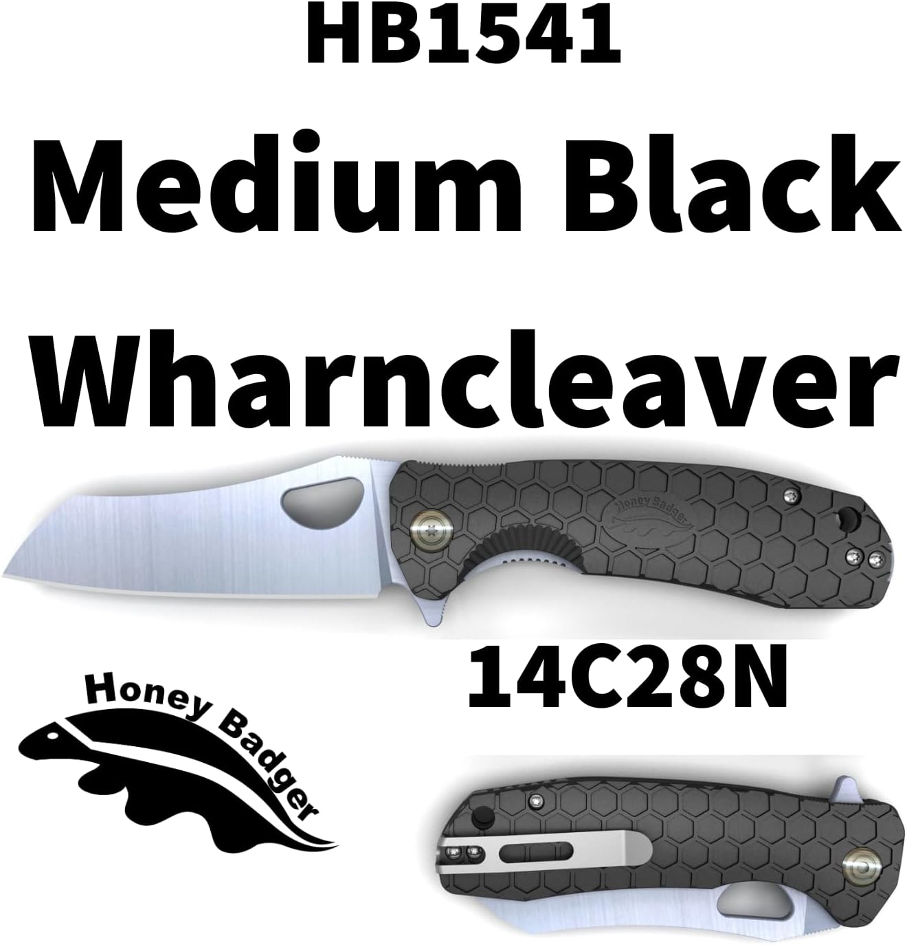Honey Badger Knives Medium Folding Pocket Knife - 14C28N Steel, 3.20" Blade, Black FRN Handle - Ball Bearing Flipper, Thumb Hole, Reversible Deep-Carry Clip