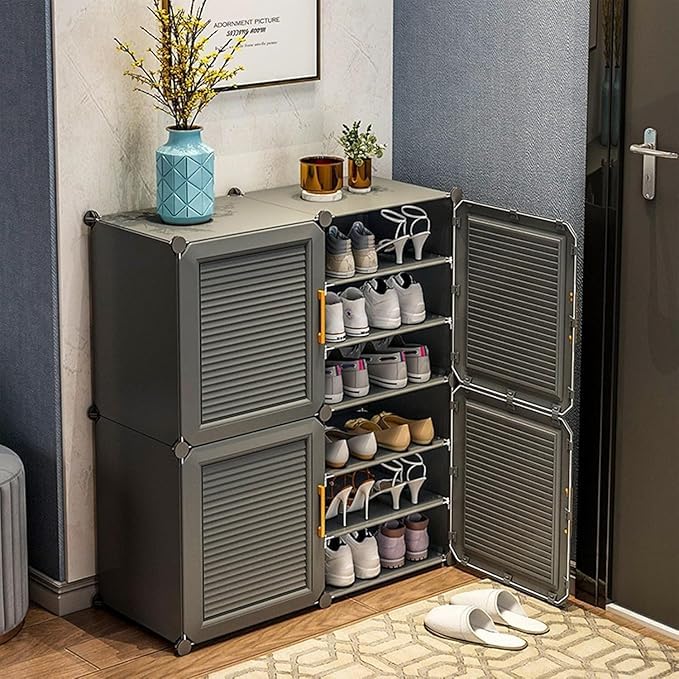 Image of Strassis Design DIY Shoe Rack Plastic - Multi-Purpose Plastic Shelves, PP Home Shoe Rack with Door for Entryway, Chappal Slipper Shoe Stand (Grey, 4-Door)