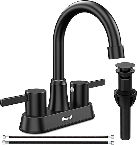 Grifo de baño negro, grifo para fregadero de baño, grifo para fregadero de baño, juego central de 4 pulgadas, 2 asas, sin plomo, con drenaje