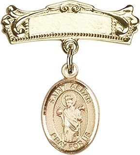 Gold Filled Baby Badge with St. Aedan of Ferns Charm and Arched Polished Badge Pin 7/8 X 3/4 inches