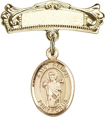 14kt Yellow Gold Baby Badge with St. Aedan of Ferns Charm and Arched Polished Badge Pin 7/8 X 3/4 inches