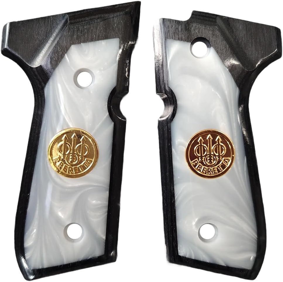 CTG Grips for Beretta 92 FS,White Pearl,Gold Pearl,Bonded Ivory,with Gold Medallion,Black Wood Texture,Fits 92FS,– Full Size Grip Panels