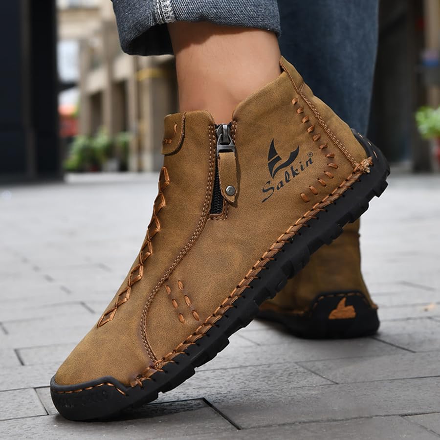 Mens Casual Leather Shoes Ankle Chukka Boots Handmade Side Zipper Mid top Slip On Loafers Fashion Lightweight Walking Driving High Boots4