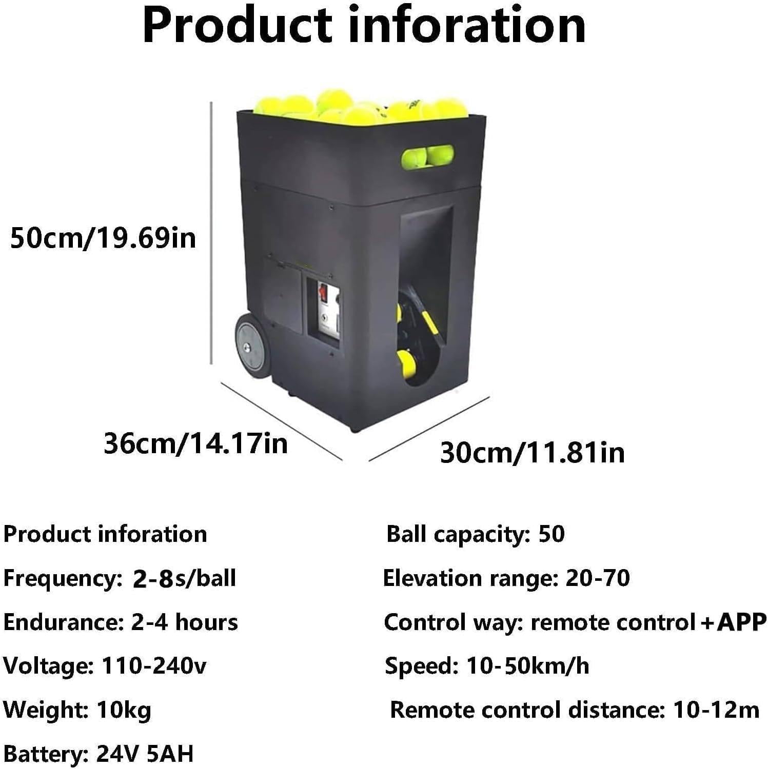 Portable Tennis Ball Machine, Training Machine/Launcher/Equipment for Daily Practice, Adjustable Launch Angle, 50 Balls, for Beginners