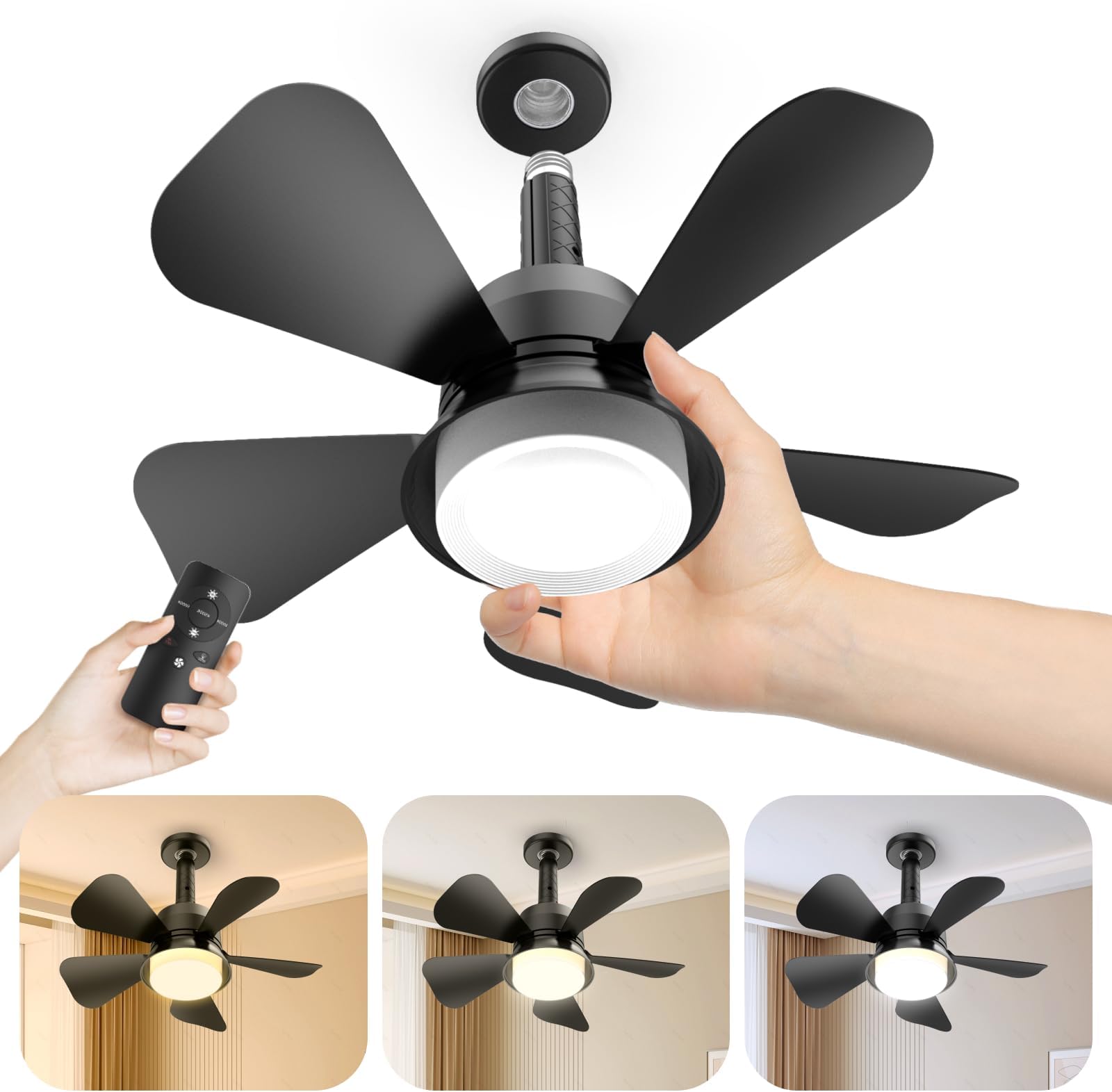 Ceiling Fans with Lights and Remote, 3000-6000K Dimmable LED Fan Light, 3 Wind Speeds, Modern Socket Ceiling Fans for Bedroom