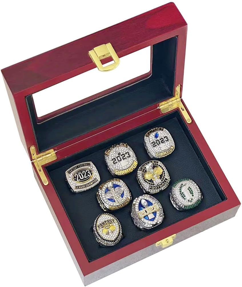 8PCS 2023 Fantasy Football Rings Championship Rings Collection FFL Championship Trophy Gift Box Ring Display Box