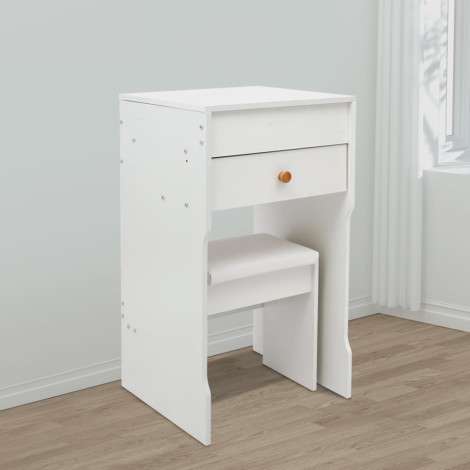 Small Makeup Vanity Desk Set with Stool, 15.8" Small Dressing Table with Drawer & Flip-Top Mirror, Multi-Functional Bedside Table, Space-Saving Bedside Nightstand, White