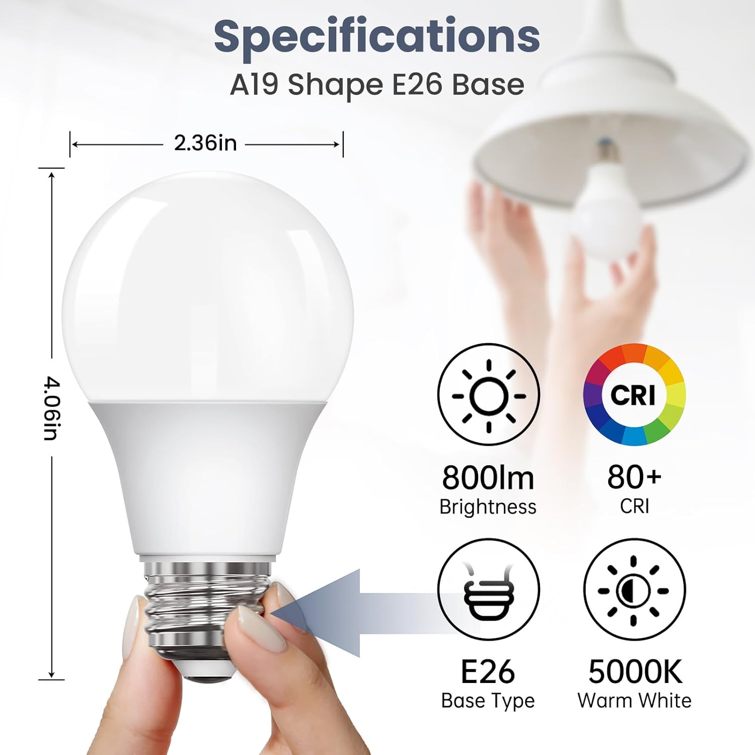 A19 LED Light Bulbs, 60 Watt Equivalent Daylight 5000K with E26 Standard Base, Efficient 10W, 800 Lumens Non-Dimmable Flicker Free LED Bulbs 15000 Hours, for Bedroom, Living Room, 6 Pack