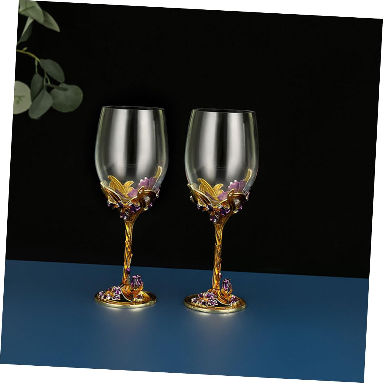 Copas de Vino Esmaltadas Doradas 2 Piezas Cristal Transparente Diseño de Flor Iris Cristalería para Hogar Boda y Bar Vasos Decorativos para Whisky y Celebraciones