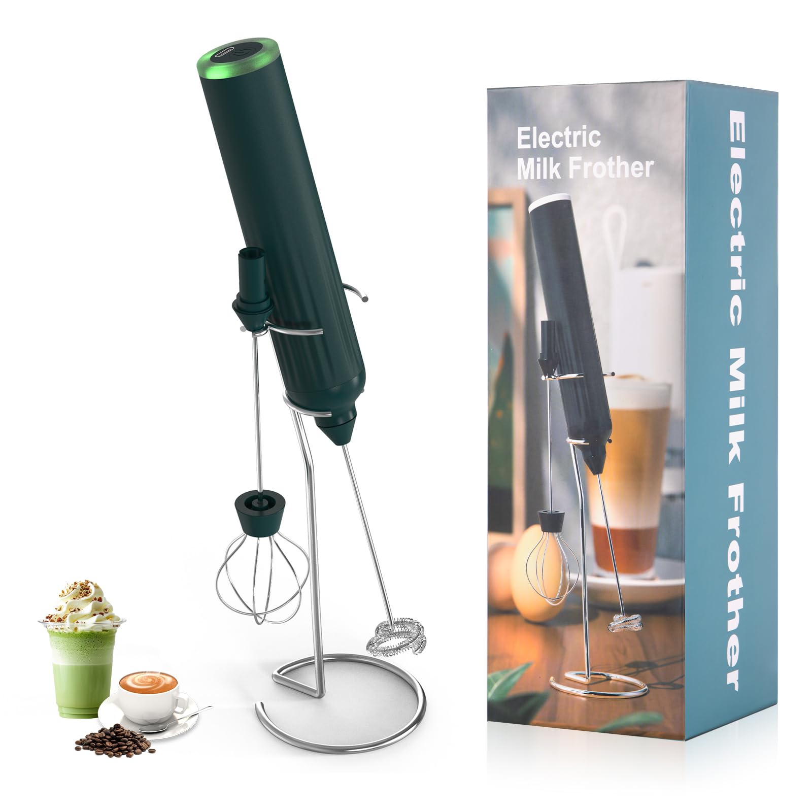 Lychico Rechargeable Milk Frother Handheld Foam Maker with Stainless Whisk and Stand, Powerful 2 Heads 3 Speeds Fast Handheld Drink Mixer for for Latte, Cappuccino, Hot Chocolate, Egg, Green