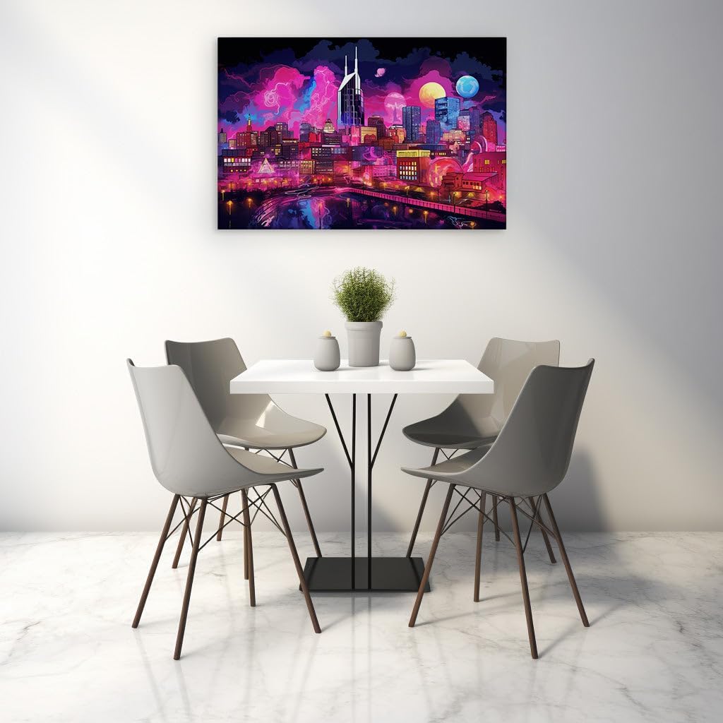 Canvas for Living room. Neon Dreams and Cosmic Gleams: A Digital Vision of Futuristic Nightscapes, 27 x 18 inch Canvas Wall Art - Space Wall Decor