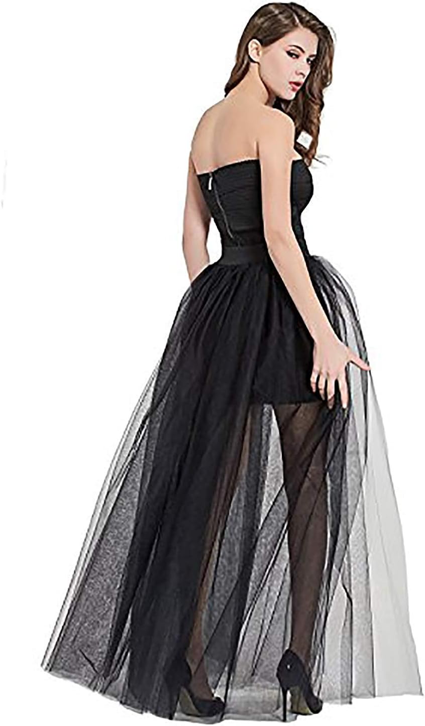 Sexy Women's Mesh 4 Layers Overlay Long Tulle Skirt Floor Length Wedding Party Tutu Skirt Party Train Overskirt Black