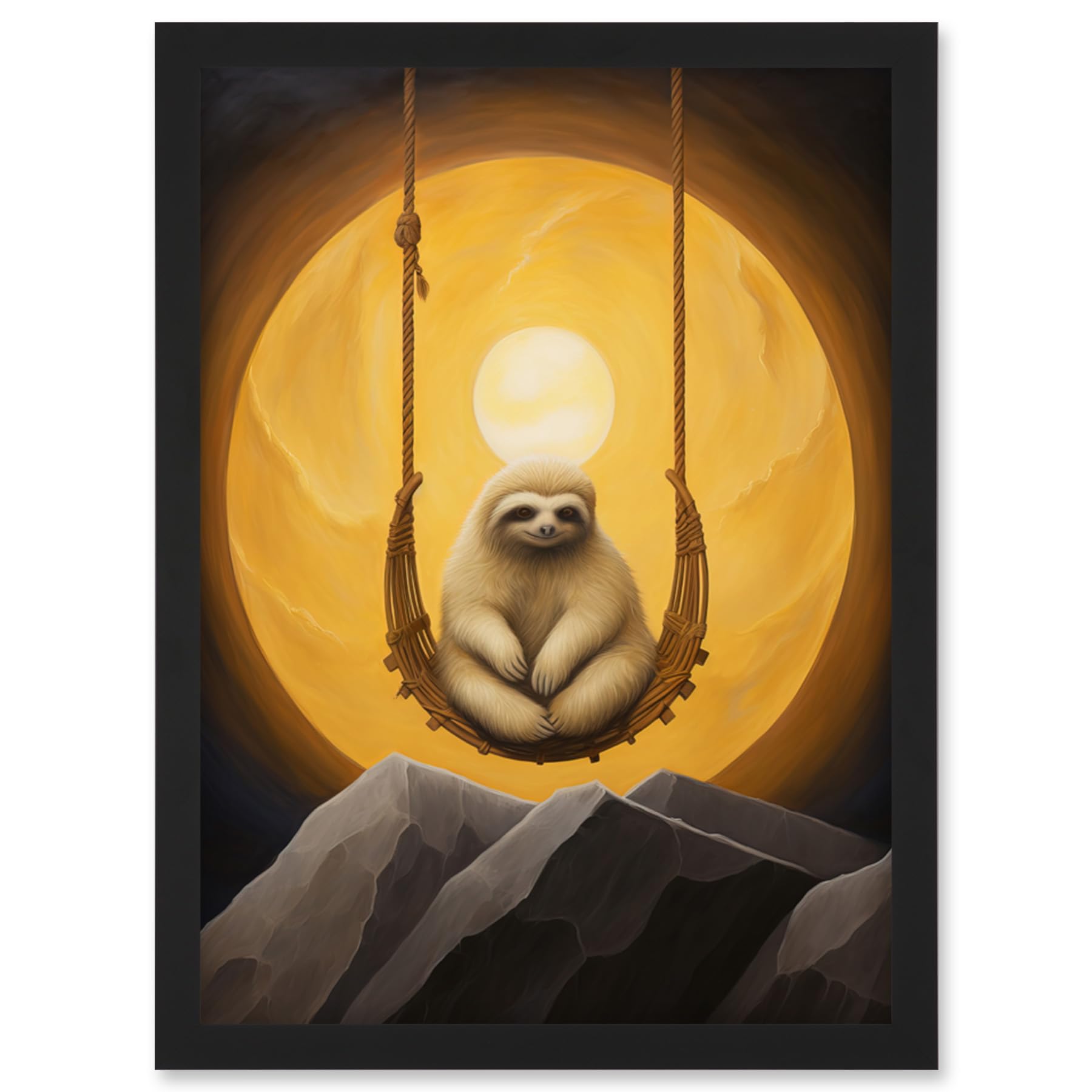 Artery8 The Lazy Overlord Sloth at Full Moon Abstract Surrealist Painting Artwork Framed Wall Art Print A4