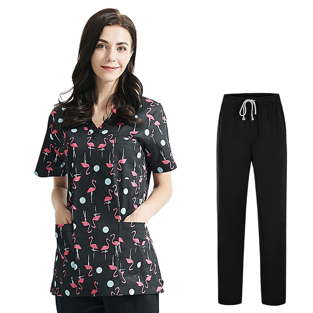 Workers Tops+Pants Suits Soft Anti-Wrinkle Uniforms Frosted V-Neck Short-Sleeved Top Beauty Salon Elastic Waist Pants Wholesale (Tops Pants,L)
