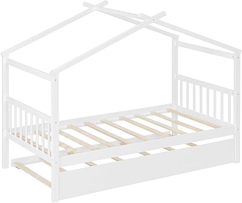 Miniatura 204 de Merax Cama de madera de tamaño individual con dos cajones, marco de cama de madera con techo para niños, adolescentes, niños o niñas, gris