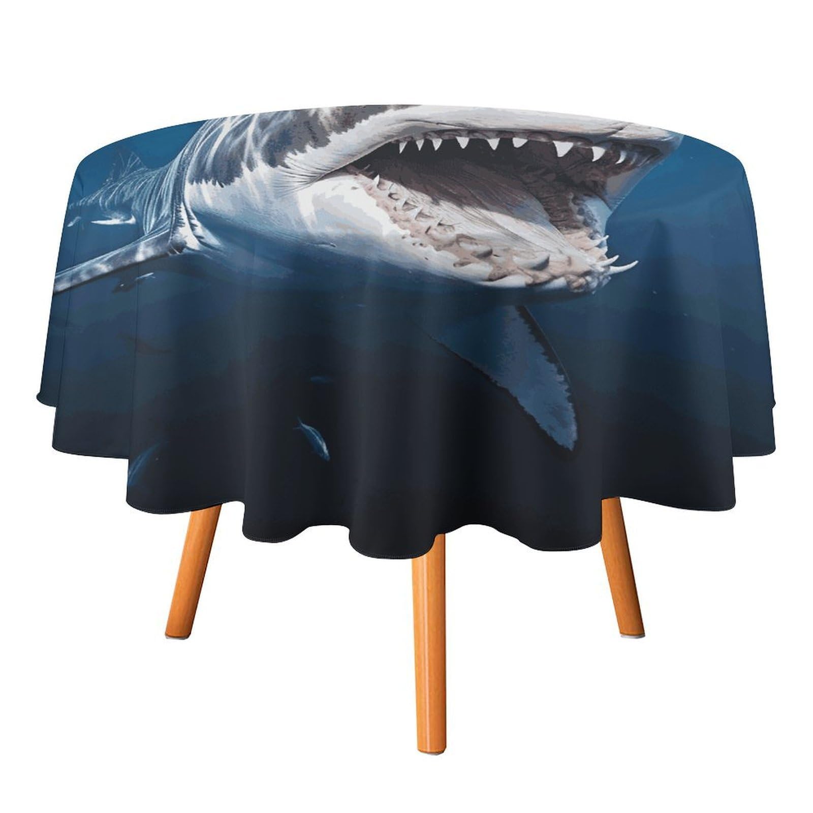 Fekiloot Style Great White Shark Opens Mouth Round Tablecloth - Heavy Duty And Washable,Polyester Decorative Fabric Table Cover,Tablecloths For Kitchen Dining, Wedding, Birthday Party70x70in
