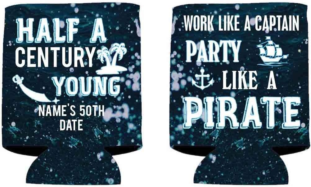 Nautical 50th Birthday Can Coolers, Custom Name and Date, Half A Century Young Work Like A Captain, Party Like A Pirate by VictoryStore