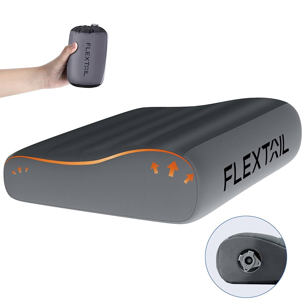 FLEXTAILGEAR Inflatable Camping Pillow With Neck Contour Ergonomic Travel Equipment With Removable Washable Separate TPU Cover For Camping Hiking Airplane Car Travel