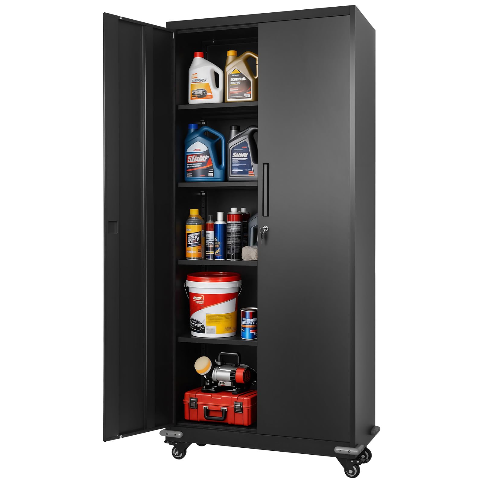 VEVOR Armoire Métallique 184,5 cm 5 Niveaux, Meuble de Rangement en Acier Verrouillable, pour Outils Atelier Bureau, sur roulettes, avec 4 Étagères Réglables, 2 Portes Magnétiques et 2 Clés, Noir
