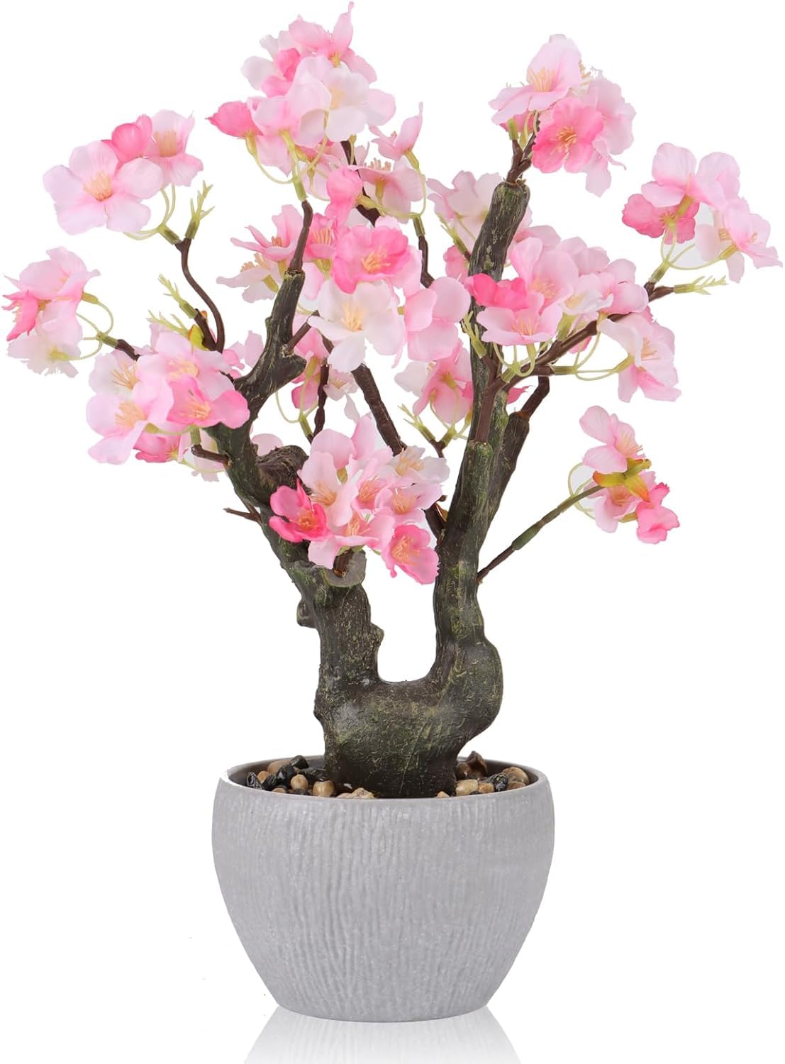 TOARTi Künstliche Rosa Kirschblüte Topfpflanze mit Steintopf Japanische Kunstblume Kunstpflanze Sakura Tischdekoration Realistische Pflanze Innendeko für Zuhause Schlafzimmer Bürotisch 19.5x13x36.5cm