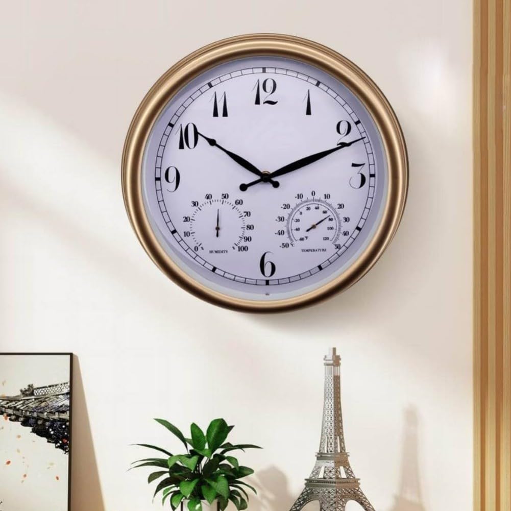 Reloj de pared para exteriores, 15 pulgadas, silencioso, sin tictac, con temperatura y humedad, termómetro de jardín impermeable, higrómetro, funciona con pilas (A)