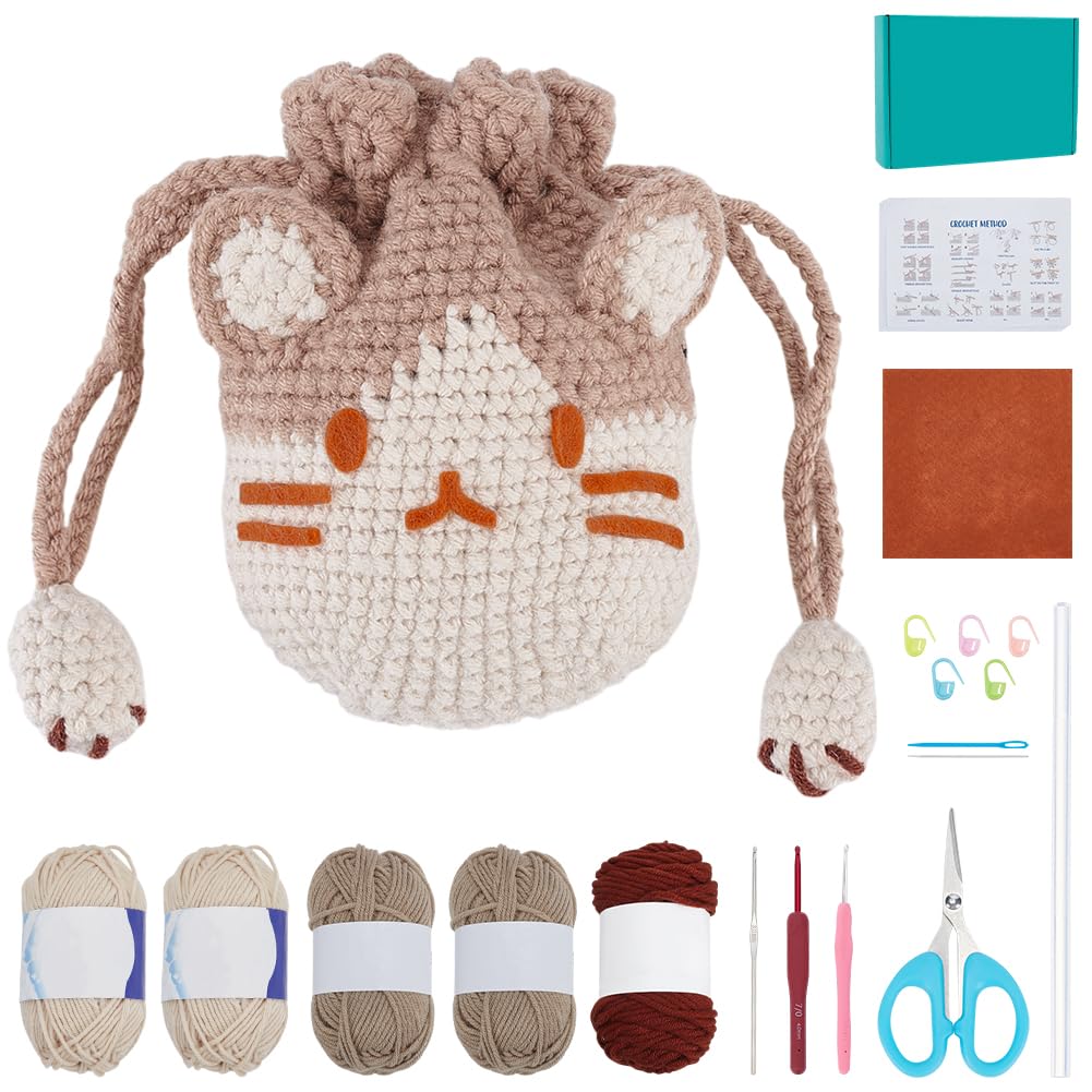 ORIGACH Crochet Cat Drawstring Pouch Bag Kit for Beginner Adults, Cute Cat Pouch Starter Crochet Kit with Step by Step Video Tutorial, Instruction, Yarn, Hook, Accessories