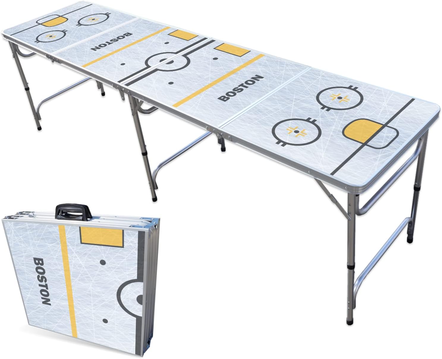 PARTYPONG 8-Foot Folding Portable Pong Table w/Optional Cup Holes & LED Lights - Boston Hockey Rink (Choose Your Model)