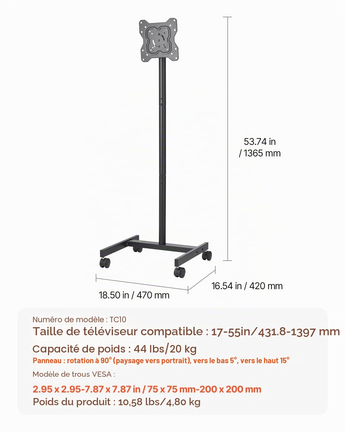 VEVOR Support TV à roulettes, pour téléviseurs/LED/LCD/OLED de 431,8 à 1397 mm, Chariot TV Mobile, jusqu'à 20 kg, Support télé sur Pied Portable, Max. VESA 200 x 200 mm, pour Salon, Bureau, extérieur