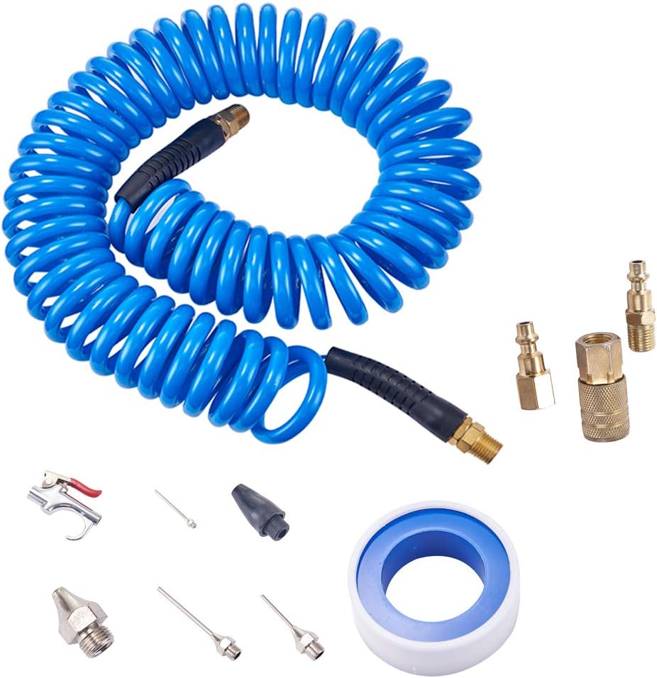 Wonghoo Recoil Poly Air Compressor Hose, 1/4"x 25ft Pneumatic Hose with Bend Restrictor