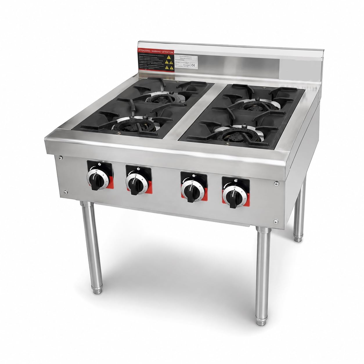 GreoShop Fornello Professionale a Gas 4 Fuochi in Acciaio Inox con Supporto regolabile in Altezza–Cucina Industriale per Ristoranti, Pizzerie e Catering, Bruciatori, Struttura Professionale
