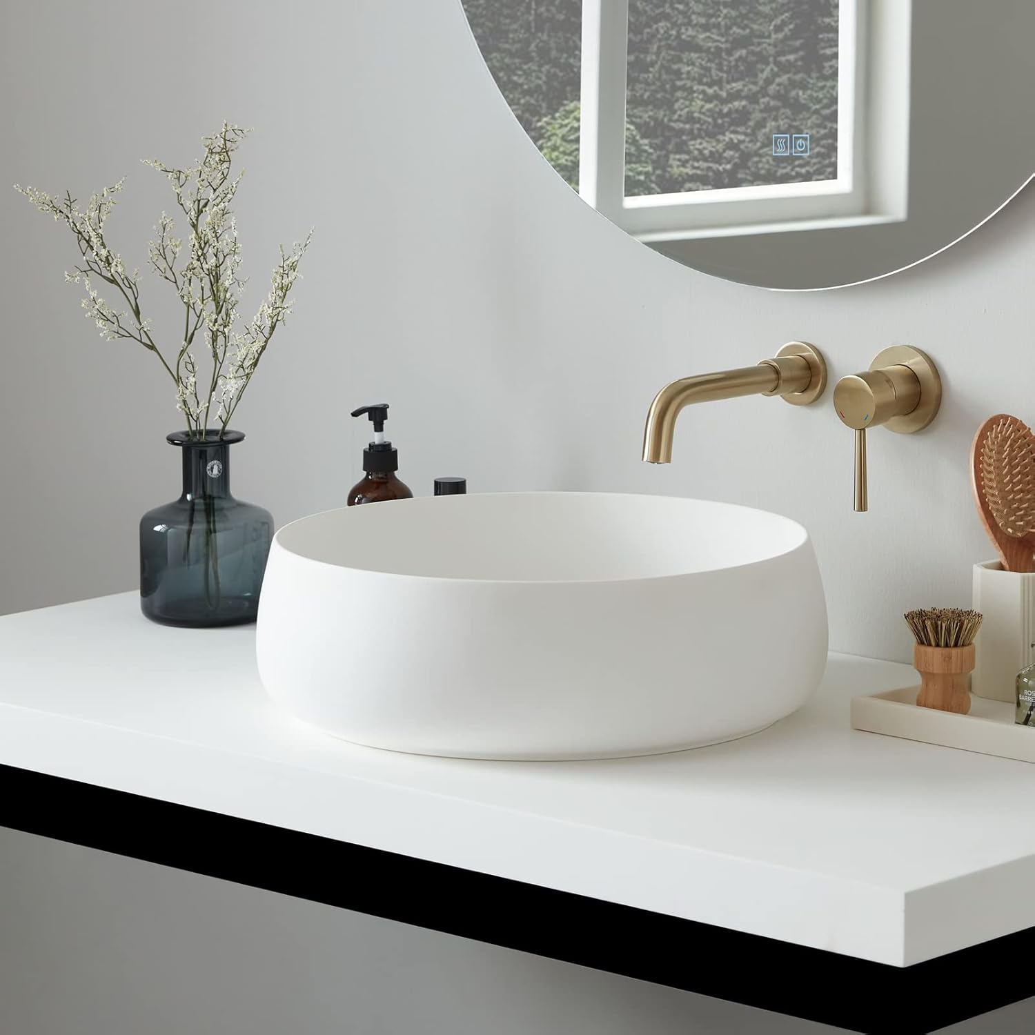 Cpingao Bathroom Sink Matte White Stone Resin 17.7'' Round Bathroom Vessel Sink, Above Counter Vessel Sink Basin with Pop-up Drain (White)