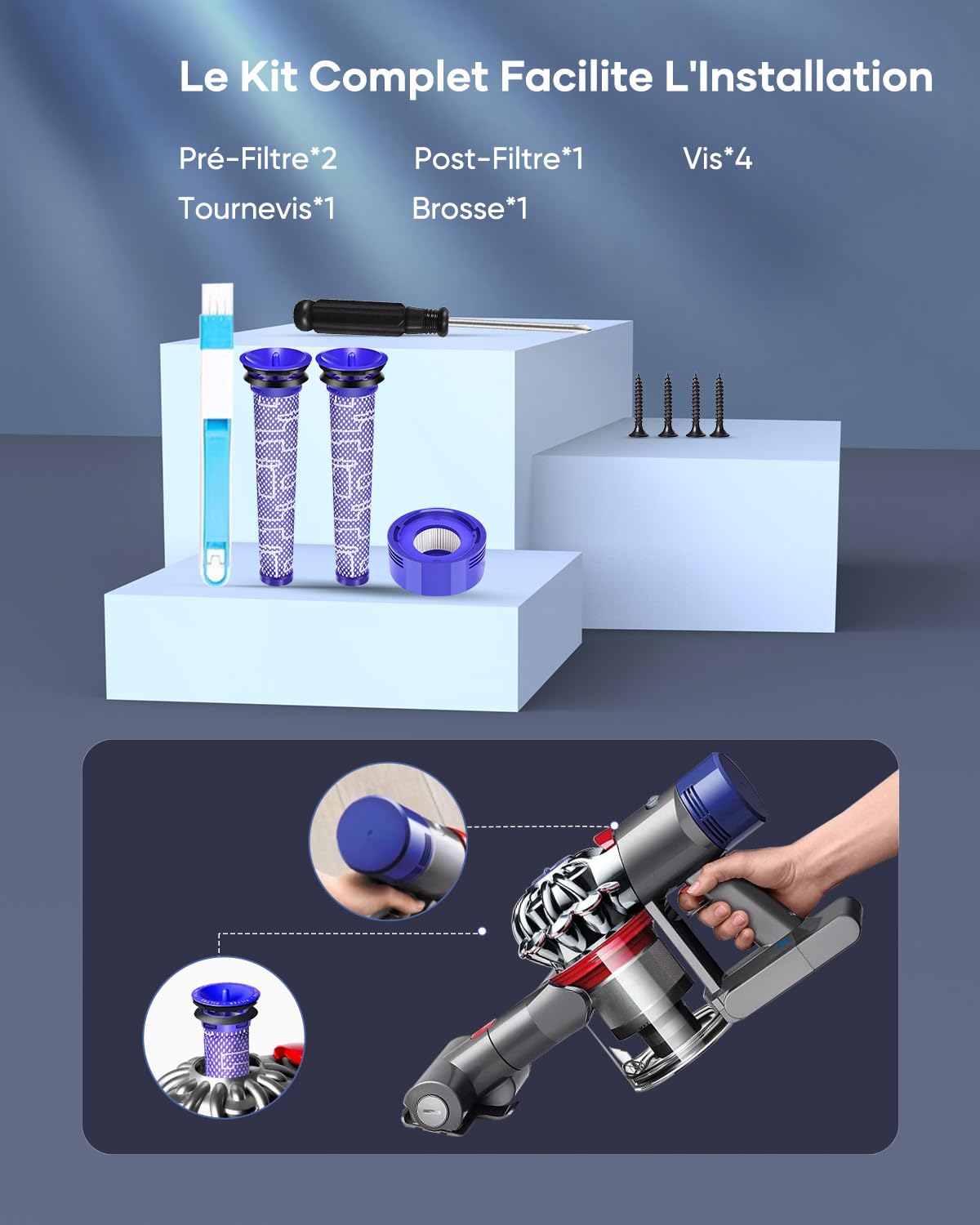 FLYLINKTECH Batterie Dyson V8 8000mAh – Batterie de Rechange Haute Capacité Compatible avec V8 Absolute, Animal, Fluffy, SV10 – avec 3 Filtres + Brosse de Nettoyage + Tournevis