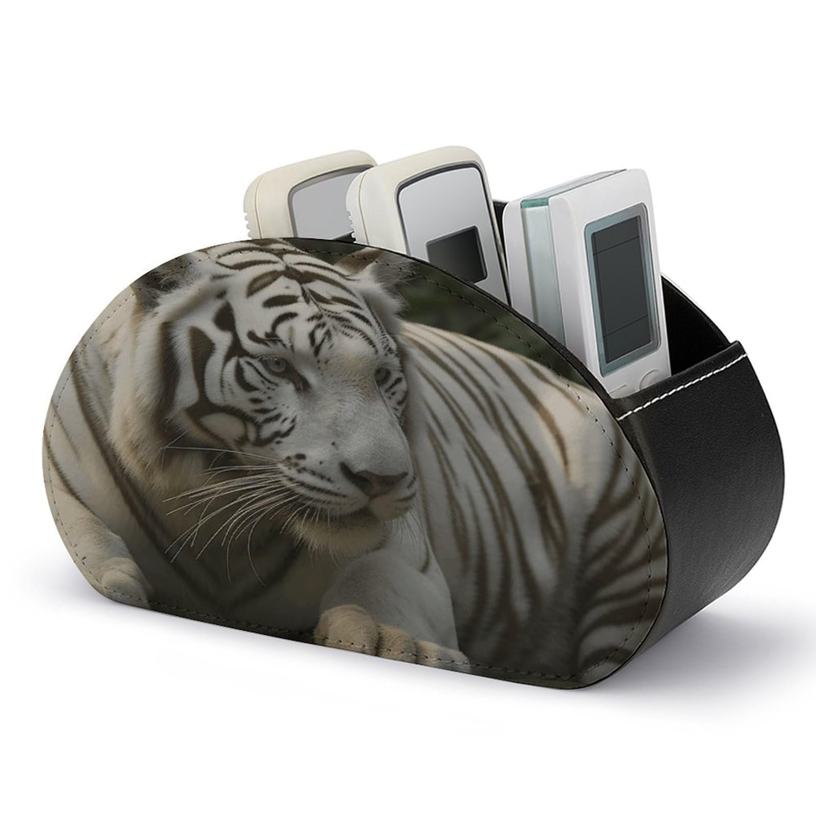 VstaDank White Bengal Tiger Remote Control Holder Farmhouse TV Media Remote Storage Box with 5 Compartments PU Leather Remote Caddy Desktop Organizer for Home Bedside Table Organizer