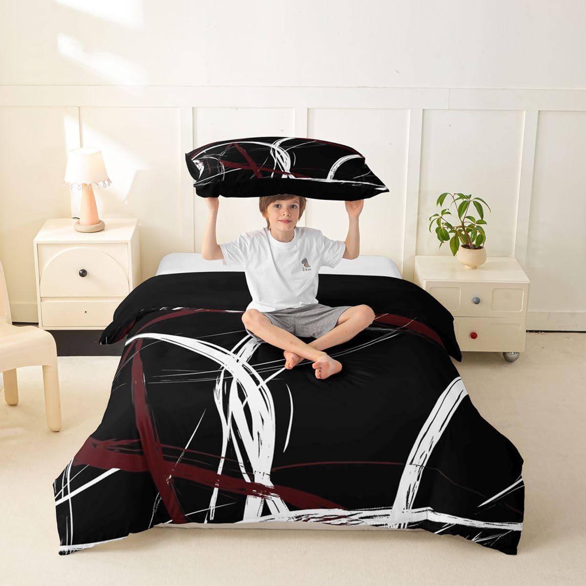 jejeloiu Modern Abstract Duvet Cover Toddler Size Deep Red Stripe Bedding Set Breathable Soft Geometric Aesthetic Comforter Cover 2Pcs Bedroom Decor No Comforter Breathable