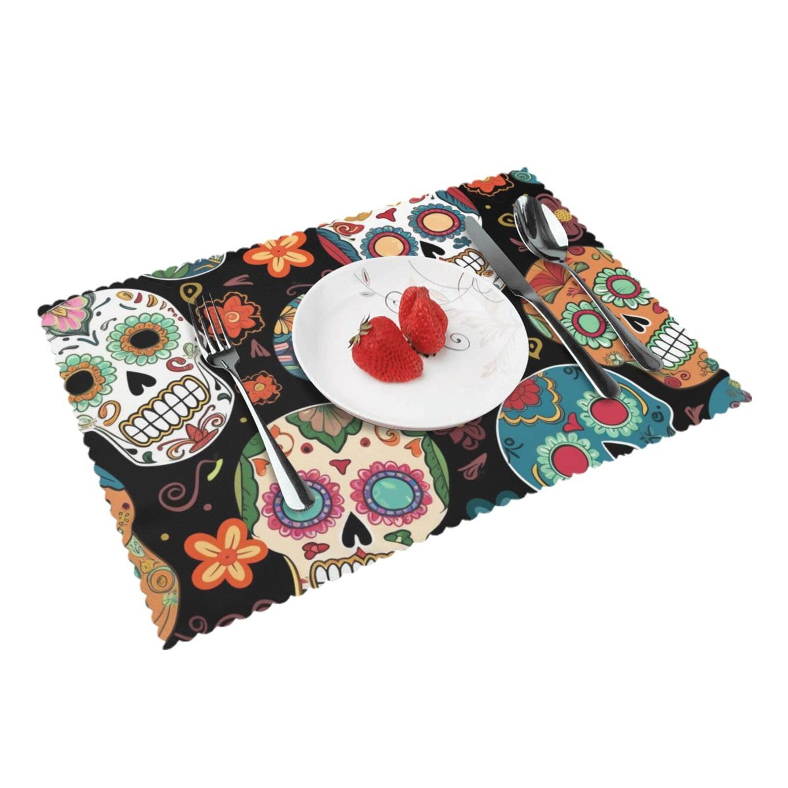 Sugar Skulls Printed Placemat Heat Resistant Place Mats Set of 4 PCS Washable Kitchen Table Mats, 12x18 Inch