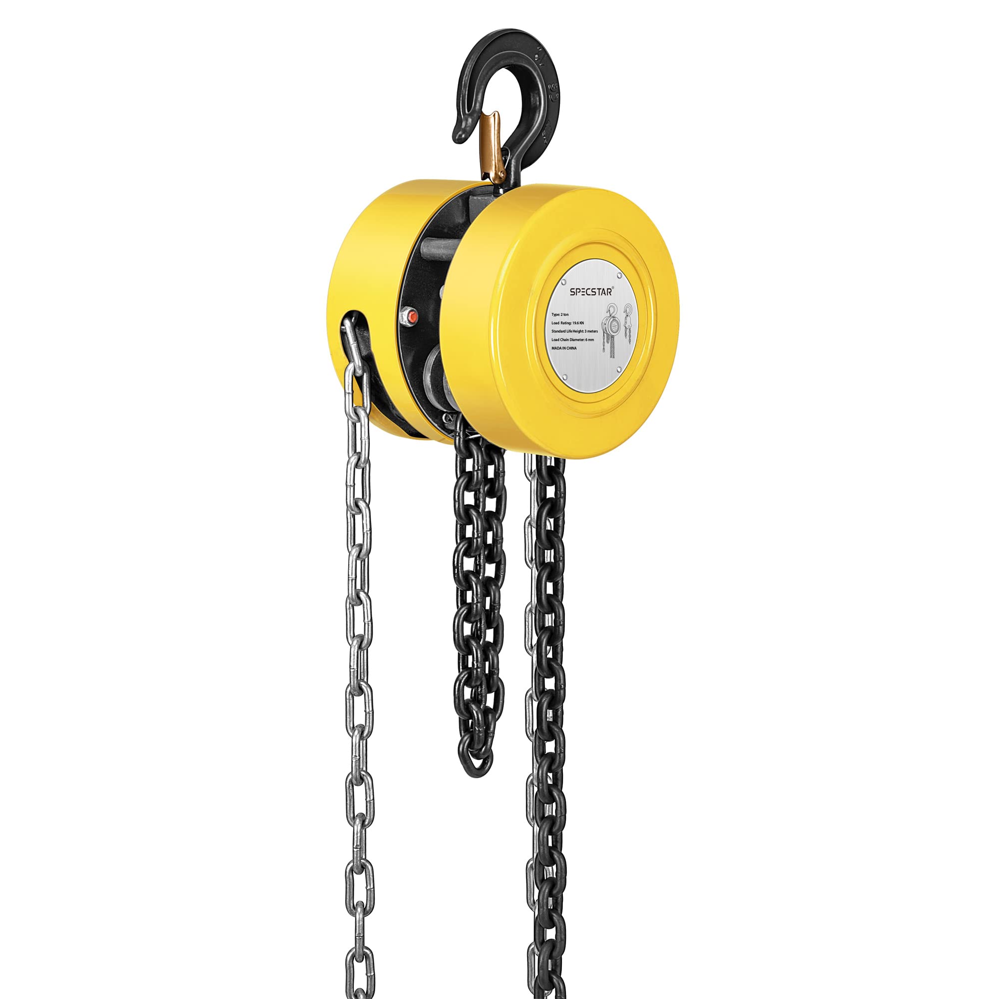 SPECSTAR Hand Chain Hoist 2 Ton 4400 Lbs Capacity 10 Feet with 2 Heavy Duty Hooks, Manual Chain Fall for Warehouse Building Automotive Machinery Yellow