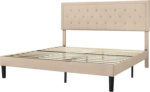 Miniatura 24 de Allewie - Base de cama copetuda, tamaño Matrimonial, con plataforma, tapizado de tela, con botones y cabecera ajustable, soporte con rejilla de Gris