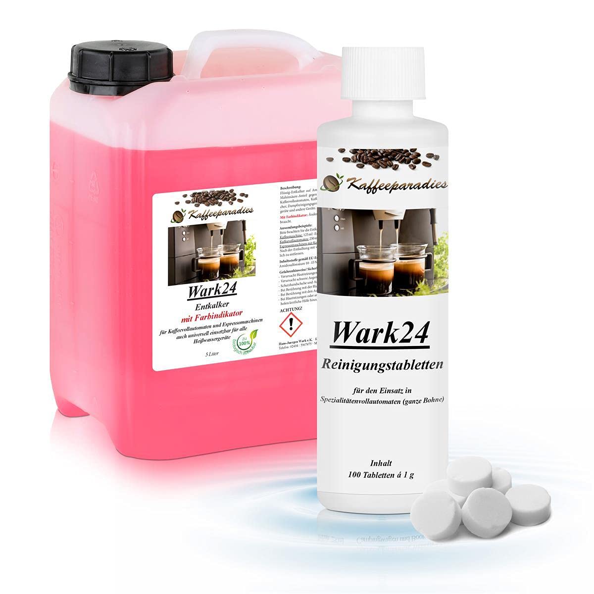 Wark24 Flüssig Entkalker 5 Liter & Reinigungstabletten 100 Tabs gegen Kaffeefett für Wark24 Flüssig Entkalker 5 Liter & Reinigungstabletten 100 Tabs gegen Kaffeefett für