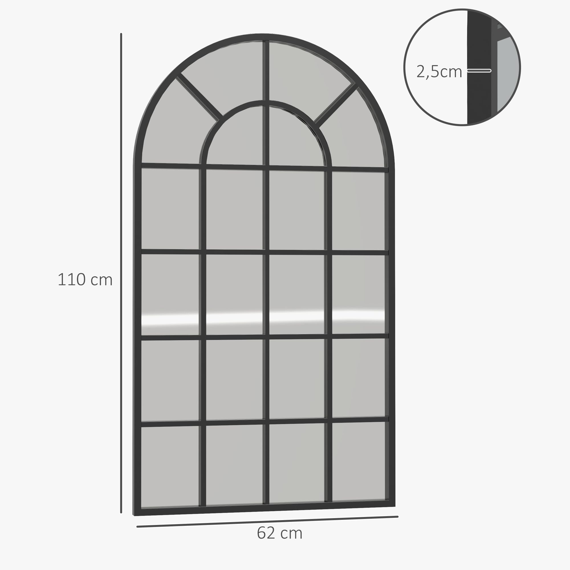 HOMCOM Miroir verrière Arche Style Industriel fenêtre Arcade métal Noir - 110 x 65 cm
