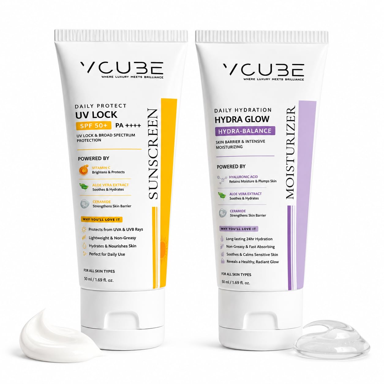 V CUBE Skincare Routine Combo Kit – Vitamin C Sunscreen SPF 50+ PA++++ & Hyaluronic Acid Moisturizer, Ultra-Light Matte Finish, Deep Hydration, No White Cast || 100ML (50ml x 2)-image-49