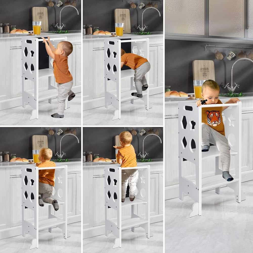 Dripex Torre de Aprendizaje de Madera, Taburete de Cocina para Niños, Torre Montessori bebés, Learning Tower con Pizarra Negra,Taburetes para bebé (Blanco - Estrella)