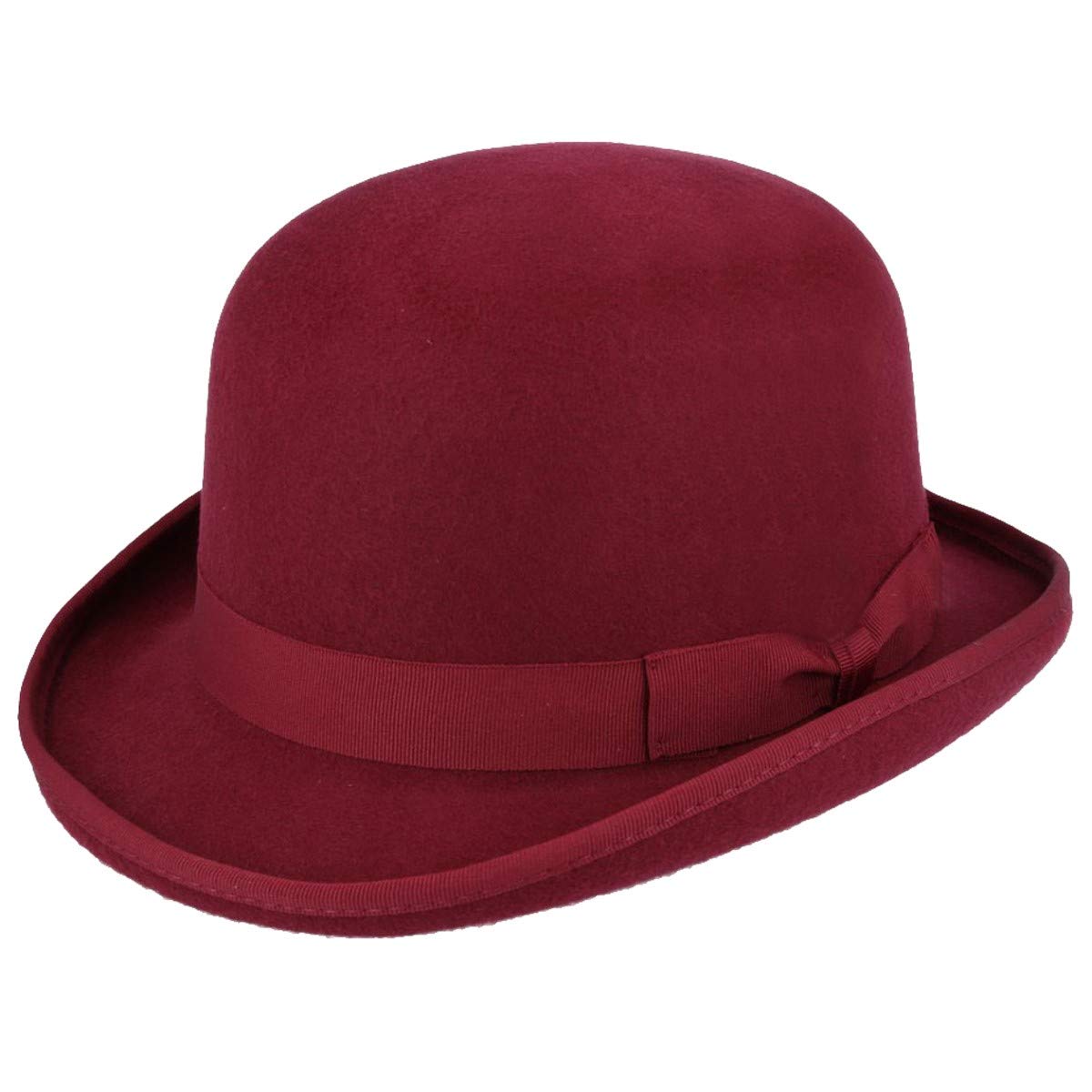 K.I. Wool Hand Made Quality Round Top Hard Bowler Hat in Wine RED with Satin Lining (XL (61cm))